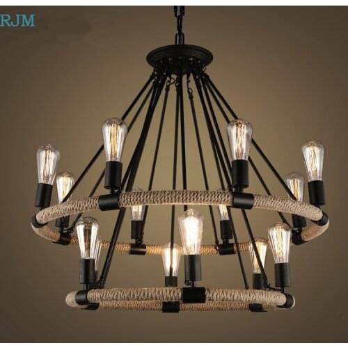 American Loft Iron Chandeliers Industrial Retro Hemp Rope Hang Lamps Kitchen Bar Cafe Clothing Shop Restaurant Lighting Decor