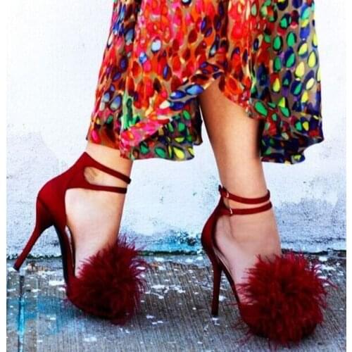 Free shipping wine red high heels sandals faux fur decoration charming shoes peep toe stiletto heels buckles gladiator sandal