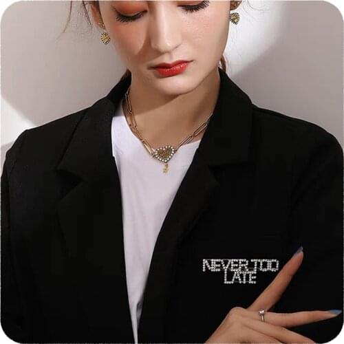 Blingbling Rhinestone Brooch Jewelry "NEVER TOO LATE" Words Pins