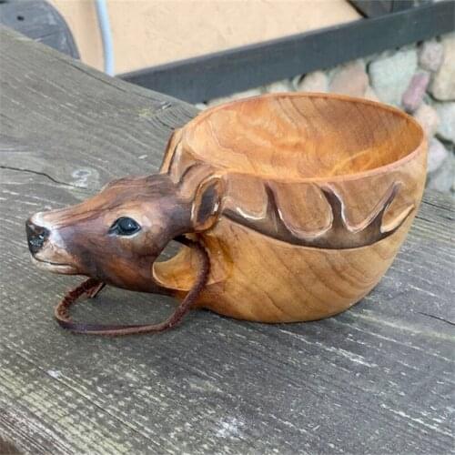 Wooden Mug Animal Shape Portable Camping Drinking Cup Hand Carved Outdoor Cup with Lanyard for Coffee Tea Milk B99