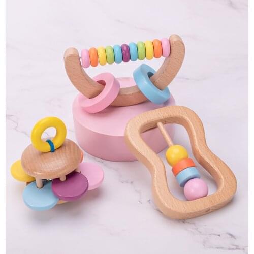 Wooden Toys Colorful Baby Rattle Set Safe Food Grade Wood Rattle Educational Toy Set Sensory Montessori Toddler Toy Bell Gift
