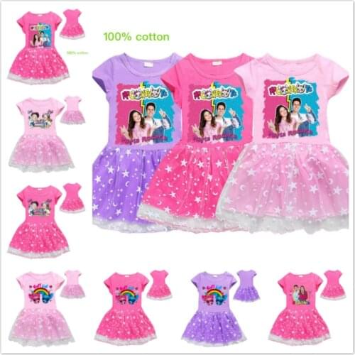 Cartoon Me Contro Te Print Children Clothing Girls Dress Summer Lace Foreign Tide Kids Beautiful Princess Pleated Party Dresses