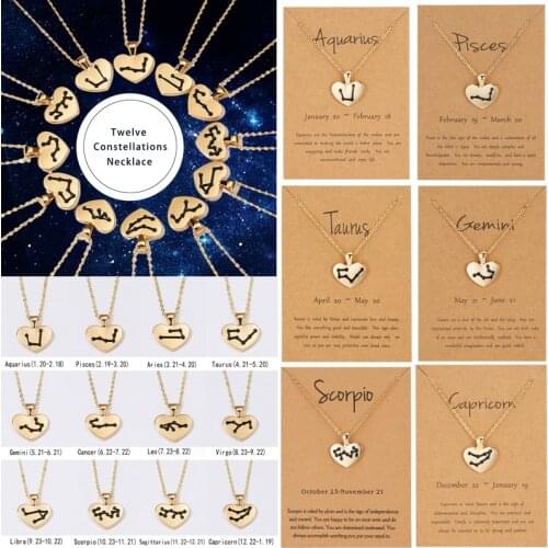 Twelve Zodiac Constellation Pattern Gold Heart Pendant Link Chain Necklace With Cardboard Female Charm Jewelry Gift Aquarius Leo