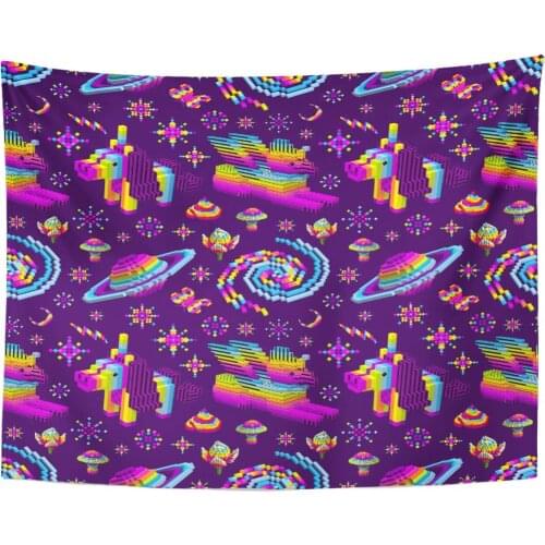 Unicorn Space Galaxy Rainbow Stars Saturn Mushroom Cubes Pixel Digital Game Style Purple Cartoon Color Tapestry Home Decor Wall