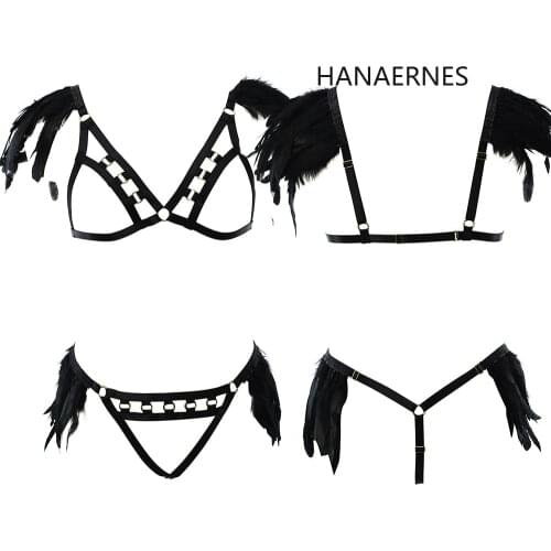 HANAERNES Feather Epaulets Goth Shoulder Wings Top Festive Sexy Harness Bandage Lingerie Bar Dance Adjust Body Harness