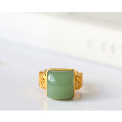 Natural Hetian Jade Green Jade Pink Green Ring Inlaid S925 Sterling Silver Egg Noodle Jade Ring Pattern Hollow Ring Ornament