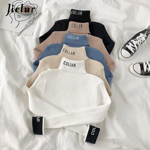 Jielur Fashion Thick Turtleneck Sweater Women Winter Basic Knitwear Lapel Slim Knitted Sweaters Black Letter Embroidery Pullover