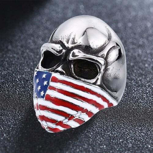 Stainless Steel Vintage American Flag Skull Ring For Man Personality Biker Jewelry Wholesale
