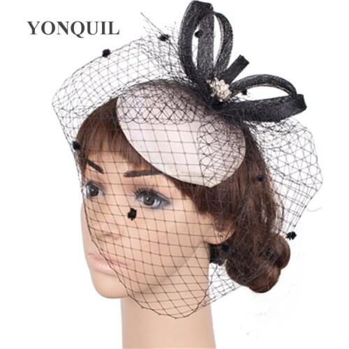 Fashion Sinamay Fascinator Satin Base with Sinamay Trim Birdcage Veil Brooch Wedding Party Hats Bridal Headwear Occassion Hat