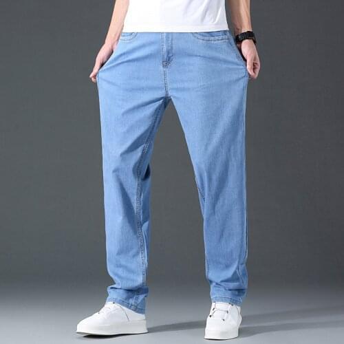Summer New MenS Thin Lyocell Jeans Business Casual Plus Size Classic Pants Straight Loose Soft Denim Trousers Male Slim Brand