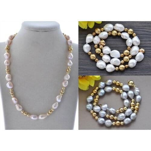 Z10477 18“~34" 15mm White Gray Pink Baroque Pearl Golden Bead Necklace