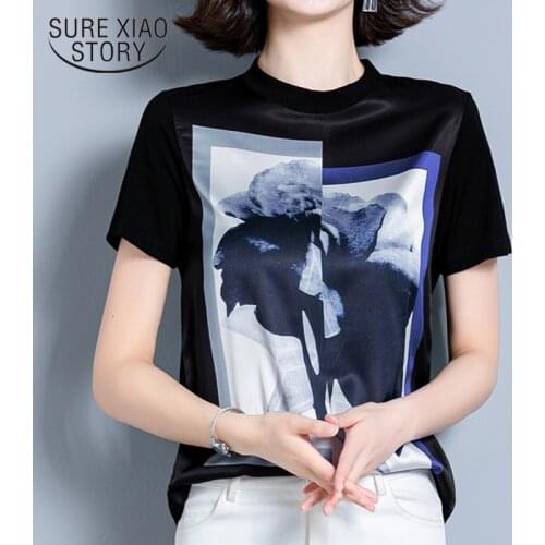 2020 Summer New Fashion Print Shirt O-Neck Silk Women Blouses Short Sleeve Women Tops and Blouses Plus Size Loose Clothes 10158