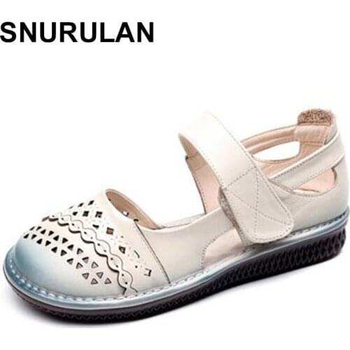 SNURULANsummer shoes for women leather gladiator sandals women solid round toe genuine leather women sandals Sandalias Mujer