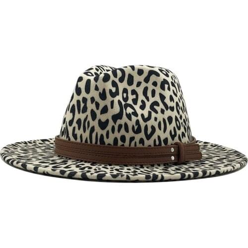 Unisex Flat Brim Wool Felt Women Jazz Fedora Hats Men Leopard Grain Leather Band Decor Trilby Panama Formal Hats 56-58CM