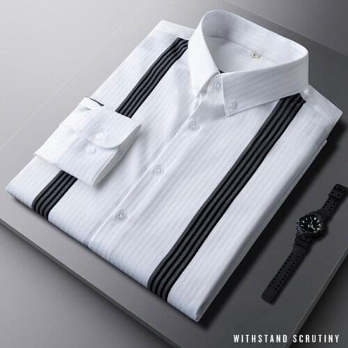 2021 Spring and Autumn Light Luxury Shirt Mens Youth Striped Non-iron All-match Inch Shirt Slim-fit handsome color-blocking tre