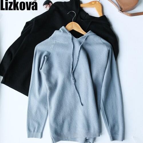 Lizkova Black Hooded Sweater Women Winter Knitted Pullover Sweater 2020 Harajuku Style Casual Jumpers