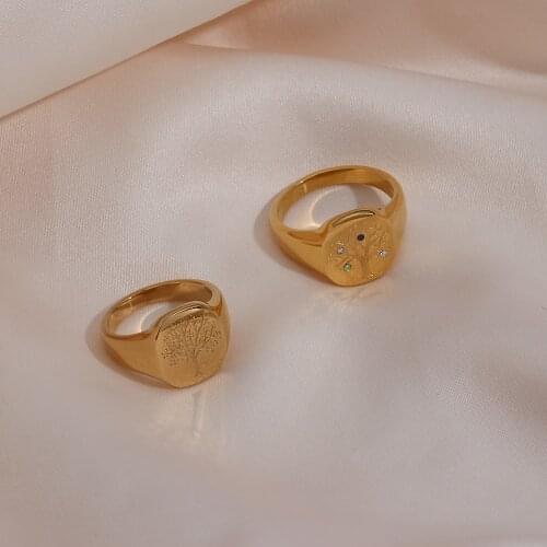 Trendy Stainless Steel Gold Plated Waterproof Tarnish Free Zircon Tree Pattern Wedding Bands Rings For Women Elegant Party Gifts