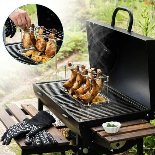 14 Slots BBQ Rack Chicken Leg Wing Grill Rack Stainless Steel Barbecue Cooking Holder Smoker Oven Roaster Stand with Drip Pan