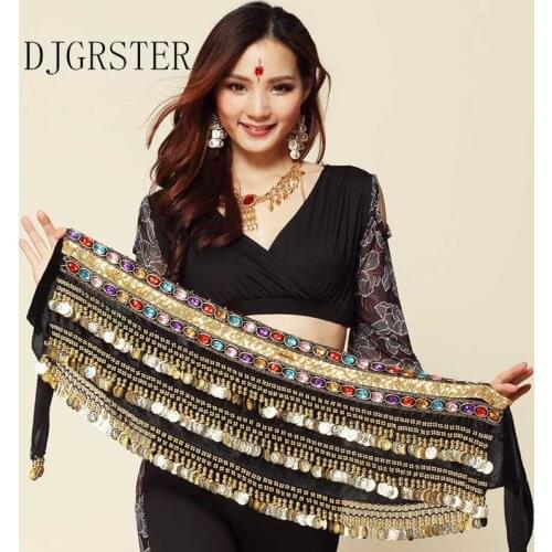 DJGRSTER New Fashion Chiffon Belly Dance India Dance Hip Scarf 3 Rows Coin Belt Skirt Scarf Wrap Costume 338 Gold Coin Chain