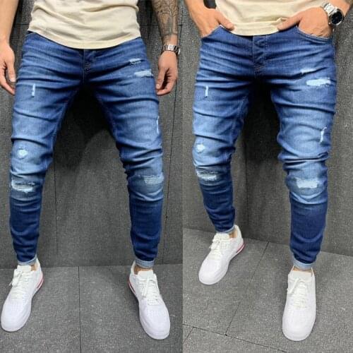 Jeans men elastic waist skinny jeans men 2021 stretch torn pants streetwear mens denim jeans blue