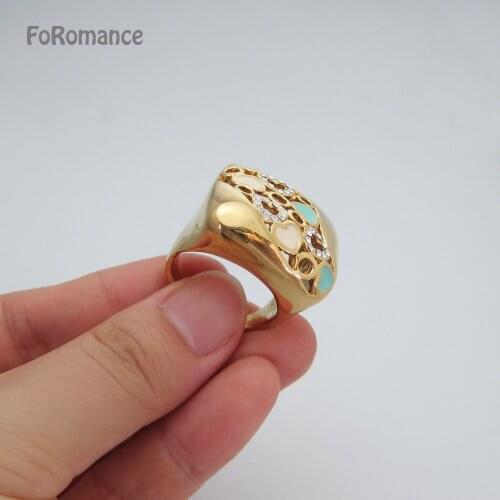 FoRomance YELLOW GOLD PLATED HIGH QUALITY BIG FACE HEART ENAMELLED CZ STONES HOLLOW GREAT DESIGN RING SZ7 9 10
