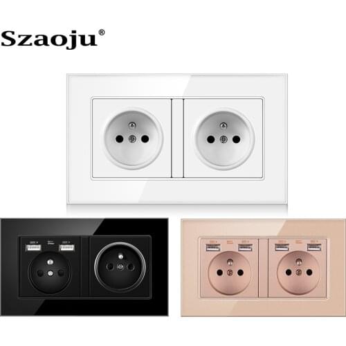 French Wall Sockets Single Power Outlets 146*86MM Double Frame With USB Sockets Glass Panel Triple Sockets Kids Protection 16A