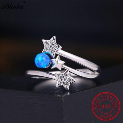 Original 925 Sterling Silver Ring Blue Fire Opal Small Star Rings For Women Wedding Bands Round Birthstone Engagement Ring Cz