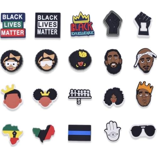 Hot Selling 50PCS Black Lives Matter Series Shoes Charms PVC Soft For Croc Decoration DIY Buckles Accessories Kids Gifts