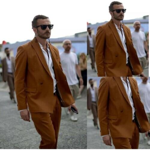 Costume Homme Summer Beach Khaki Mens Suits For Wedding Grooms Guide Business Party 2 Pieces Slim Fit Prom Suits(Jacket+Pants)