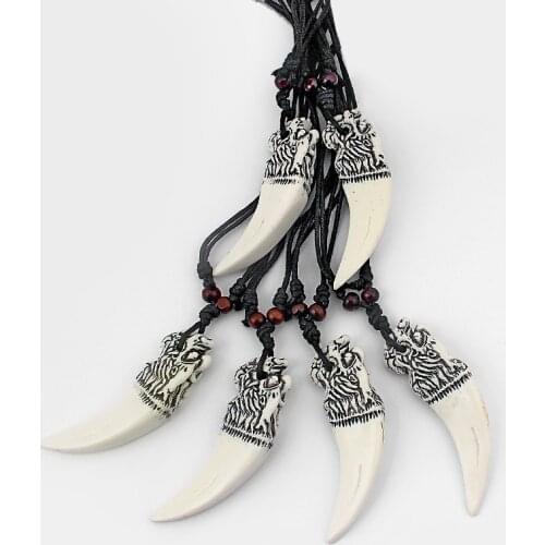 Wholesales 6 Piece Imitation Yak Bone Powder Chinese Dragon Head Tooth Teeth Pendant Necklace Adjustable Resin Jewellery