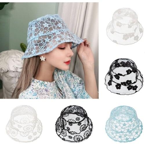 Flower Hollow Embroidery Lace Bucket Hat Thin Lace Fisherman Hat Women Girl Korean Tide Wild Breathable Shade Sunscreen Hat