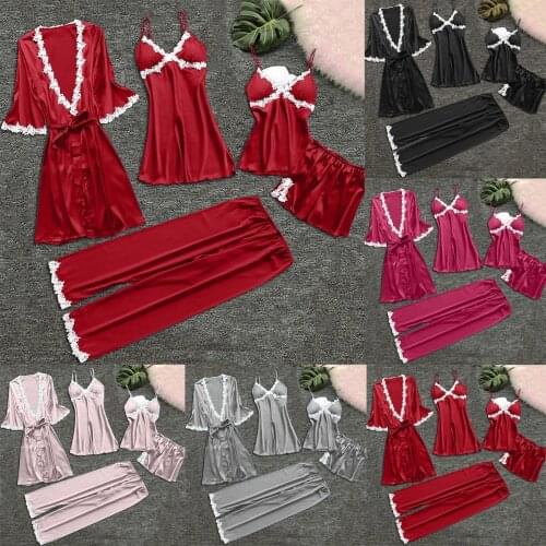 5-Piece Women Silk Pajamas Sexy Garter Lingerie Sleepwear Sets Robes Lace Bodysuit Deep-V Neck Underwear Summer Nightwear