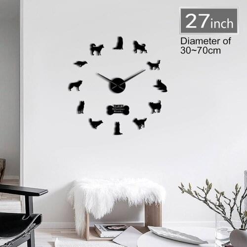 Lovely Size Adjustable Siberian Husky 3D DIY Dog Breeds Quartz Acrylic MirrorWall Clock Sticker Fashion Animals Home Decoration