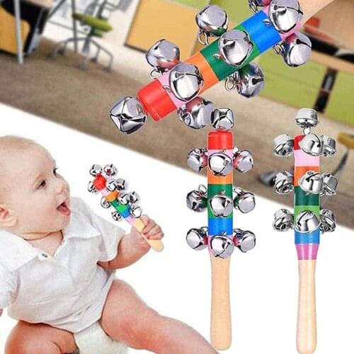 Multicolor Wooden Jingle Bells Stick Shaker Rattle Musical Instrument Kids Toy