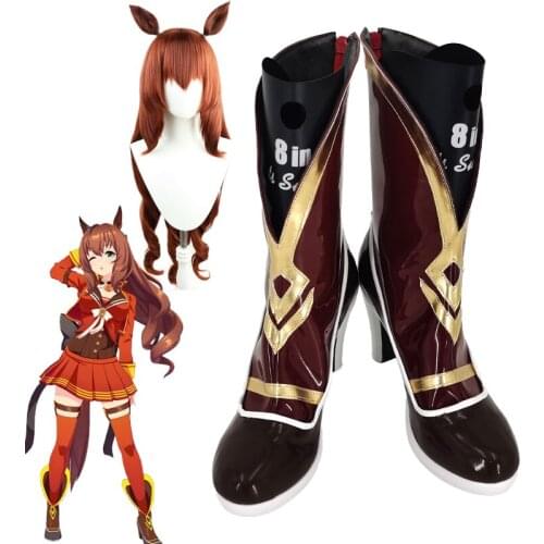 Umamusume Pretty Derby Maru Zensky Cosplay Shoes Boots Maru Zensky Cosplay Long Brown Wig Hair Halloween Party Props