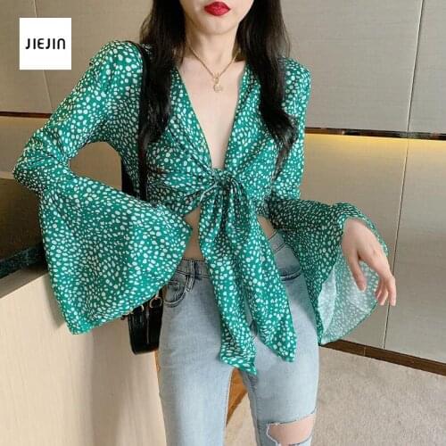 V Neck Women Chiffon Top Flare Long Sleeve Crop Tops Bodycon Clubwear Party Floral Green Chiffo Blouse Female Chic Summer 2021