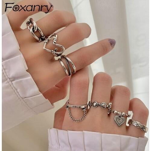 FOXANRY 925 Sterling Silver Vintage Rings for Women Fashion Couples Simple Design LOVE Heart Thai Silver Party Jewelry Wholesale