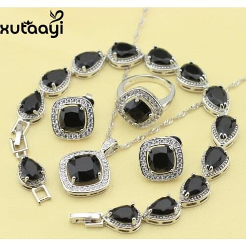 XUTAATI 4PCS Black Cubic Zirconia Silver Color Jewelry Sets For Women Necklace Pendant Earrings Ring Bracelet Free Gift Box