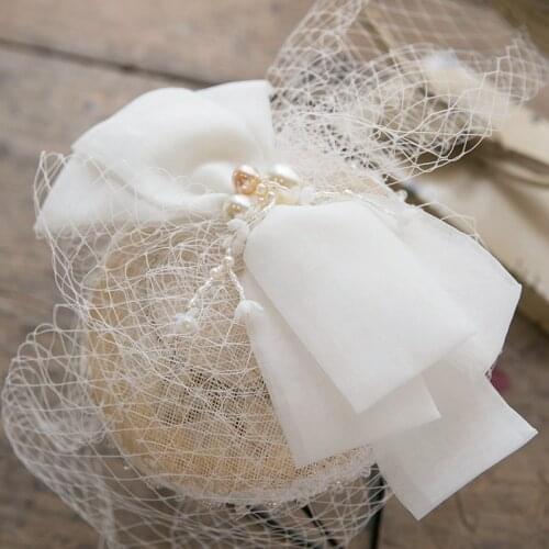 High End Mini Sinamay Fascinator Hat For Women BIg Bow Pearl Bride Headpiece Veil Face Mesh Party Church Hat Hair Accessories