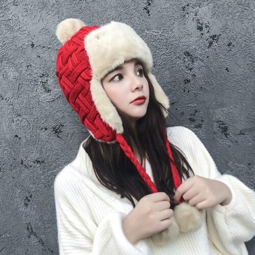 Cold Winter Women Knitting Ushanka Hat Caps Snow Girls Thick Warm Ear Protector Bomber Fur Hats