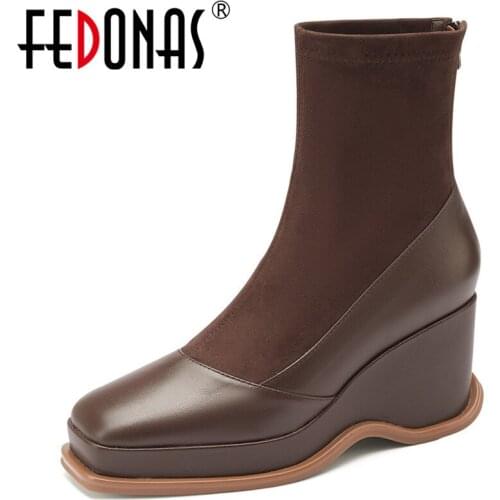 FEDONAS Back Zipper Wedge Platform High Heels Boots For Women Genuine Leather Square Toe Ankle Boots Working Basic Women Pumps