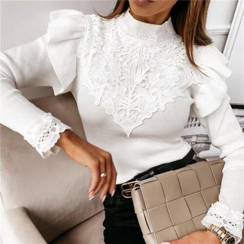 Women Autumn Solid Lace Patchwork Blouse Shirt Office Ladies Long Butterfly Sleeve Pullover Tops Casual O Neck Female Slim Blusa