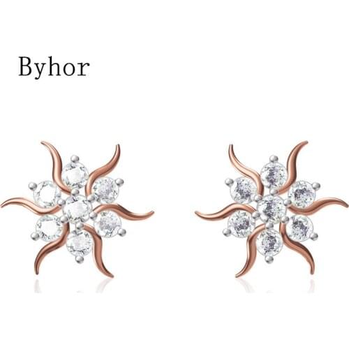 Byhor Solid 14K White/Yellow+White/Rose+White Gold 0.716ct H/SI Natural Diamond Fine Jewelry Wedding Flower Stud Earrings Cерьги