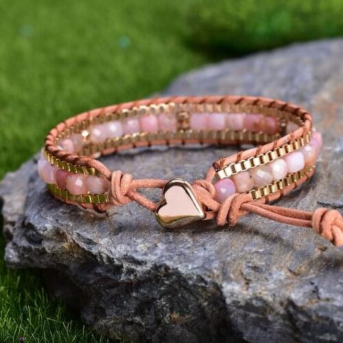 New Women Wrap Bracelets Pink Opal Gold Chain Woven Wrap Bracelet Bohemian Statement Jewelry Handmade Dropship
