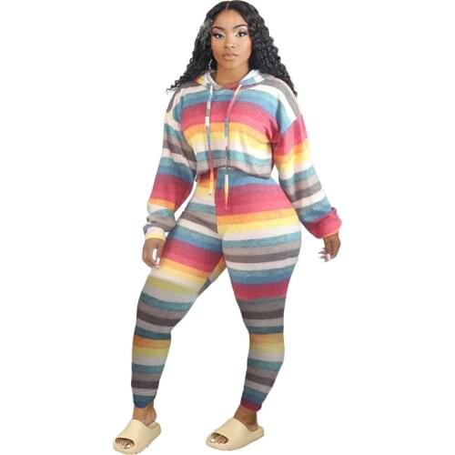 Colorful Striped Print Two Piece Set Women Tracksuit Hoodies Joggers Sweat Suit Lounge Wear Casual Matching Set Outfits Female