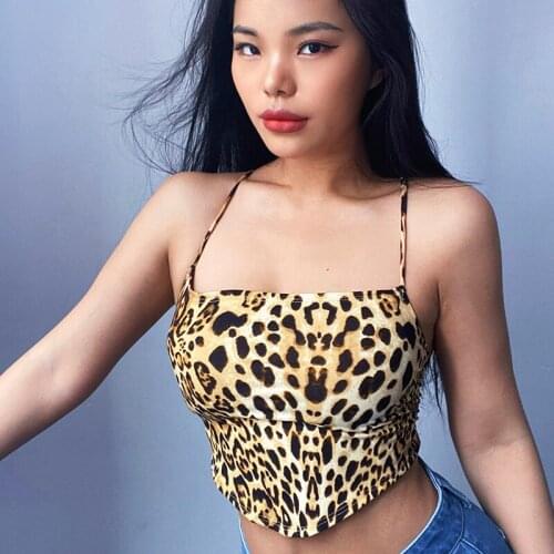 Summer new leopard print open back bandage sling open navel vest one neck sexy open back top