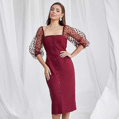 Women Vintage Lace Patchwork Front Button Party Dress Lantern Sleeve Square Sleeve Solid Sheath Dress 2021 Spring Fashion Dress