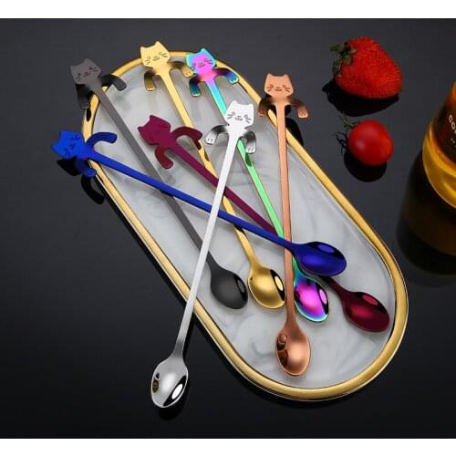 2 Pcs 304 stainless steel creative cartoon hanging cup long handle cat stirring coffee tea mug spoon caffe utensils