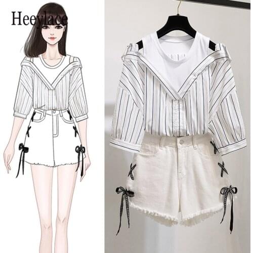 2021 women Summer korean two piece set for girls off the shoulder short sleeve stripes patchwork blouse and denim shorts suits