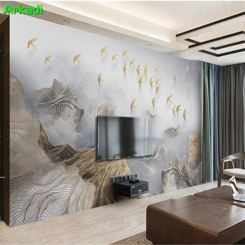 3D abstract artistic concept landscape golden lines flying birds wallpaper photo wall backgrounds television background mural